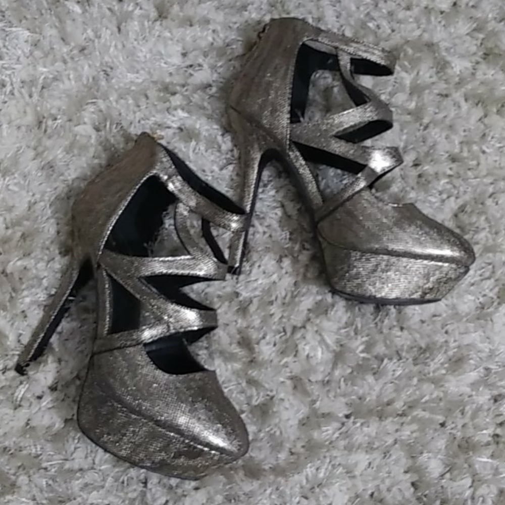Gold Strappy zipper back Stilletos by Qupid